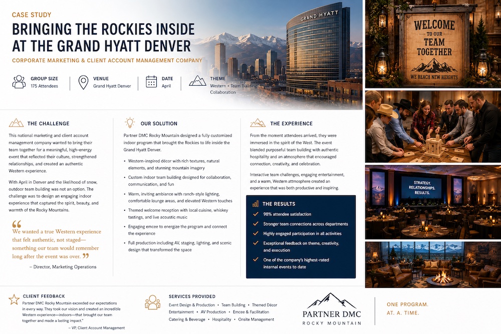 Denver corporate meeting case study at the Grand Hyatt Denver featuring Western-themed event design, indoor team building, Rocky Mountain hospitality, and destination management by Partner DMC Rocky Mountain.